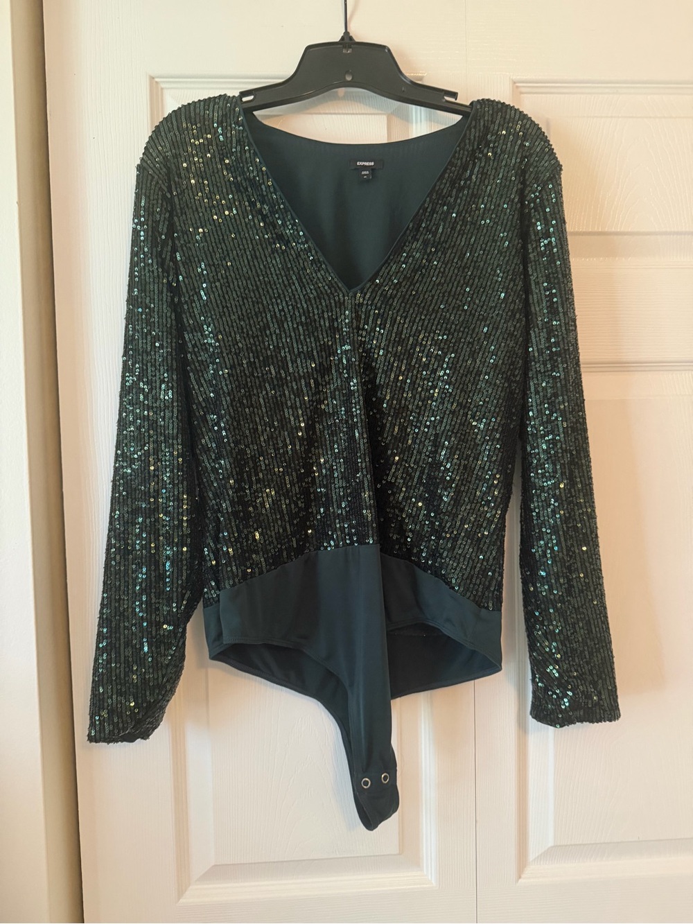 Express Emerald Green Sequin V-Neck Long Sleeve Bodysuit